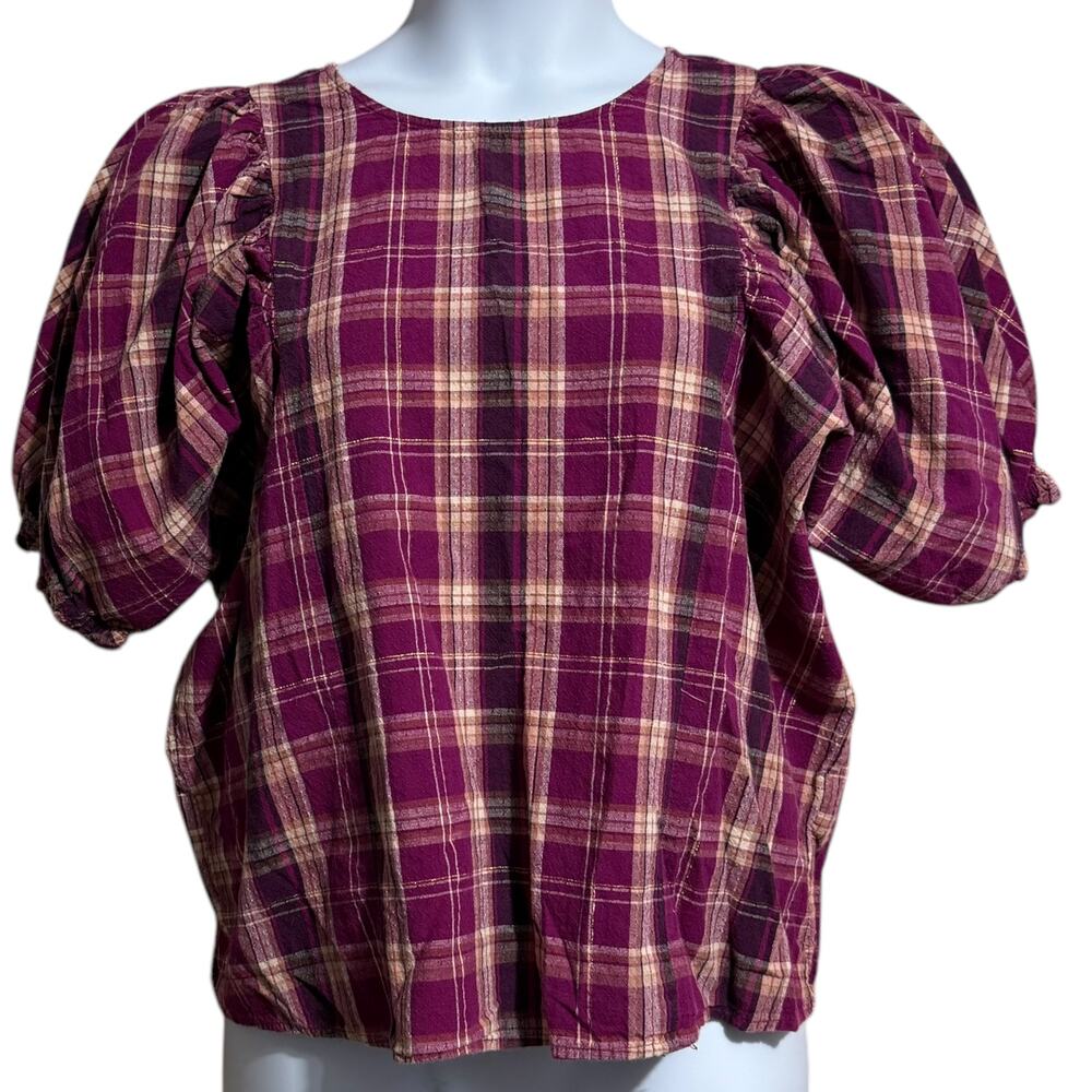 INC International Concepts Madison‎ Plaid Puff-Sleeve Linen Blend Blouse XL